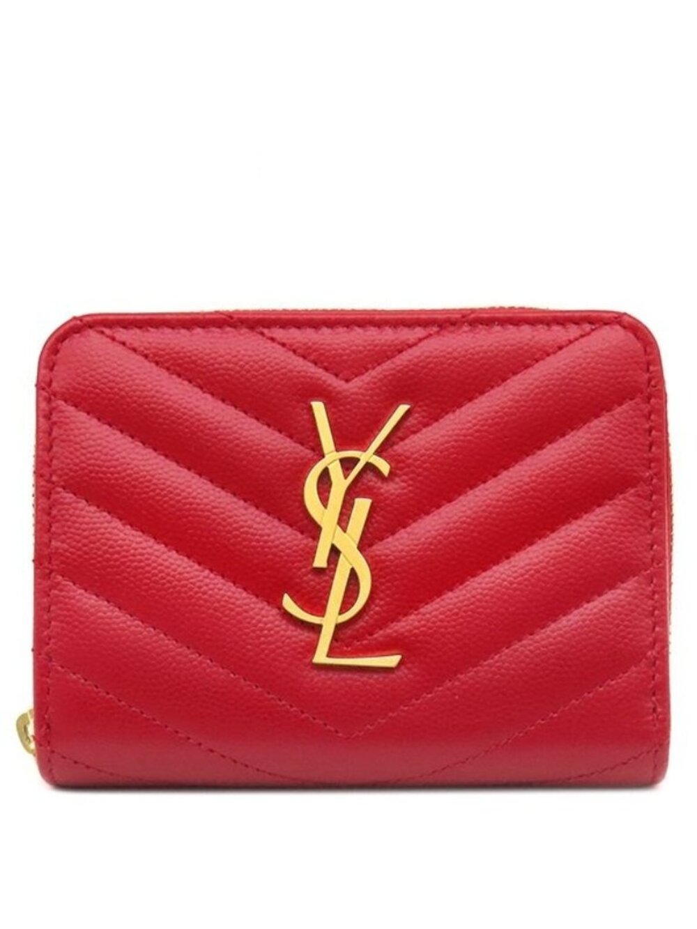 Saint Laurent Bifold Wallet Cassandra Stitch Compact Zip Leather Red Gold - Picture 1 of 13